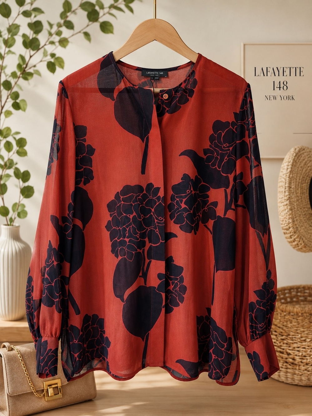 Lafayette 148 New York Chili Red Floral Sheer Designer Blouse Size L NWT